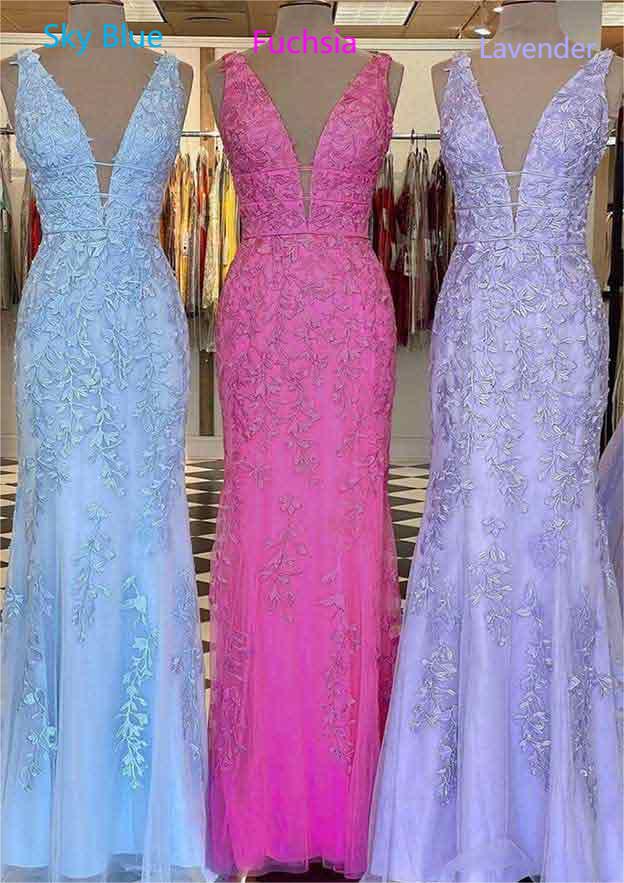 Robe de bal longue en tulle et dentelle, col en V, sans manches, avec perles